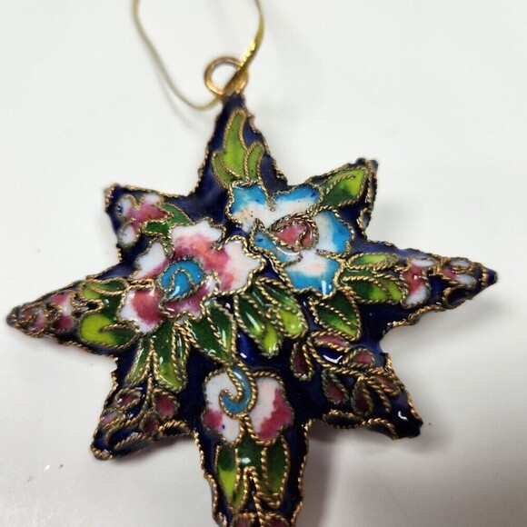 Cloisonne Star Ornament Christmas Discovery Store Blue Floral 3.5 inch Tag - Picture 3 of 8